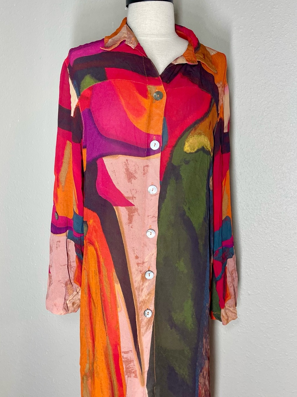 John Mark Abstract Art To Wear Multicolor Button Front Tunic Shirt Dress L